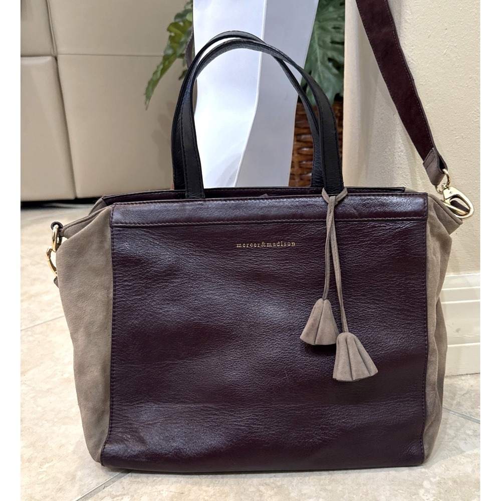 Mercer & Madison Colorblock ‎ Red Leather Brown Suede Tote Crossbody Carryall